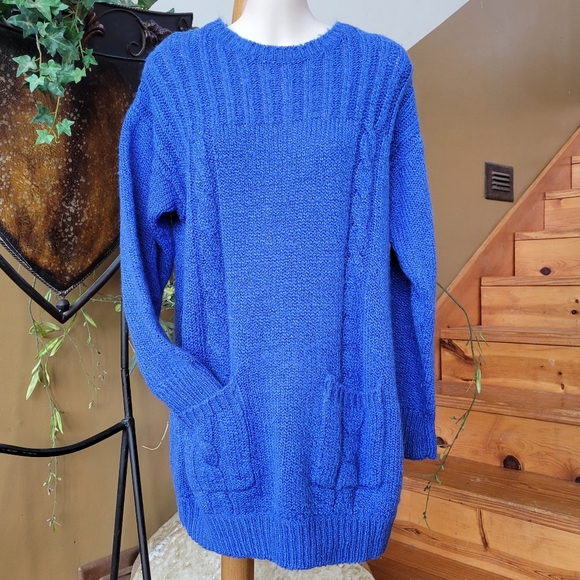 Vintage Tunic Sweater Blue Lady Roi Long Ribbed Cable Knit With Pockets M - Picture 2 of 6